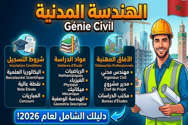 الهندسة المدنية Génie Civil شروط التسجيل مواد الدراسة والافاق المهنية